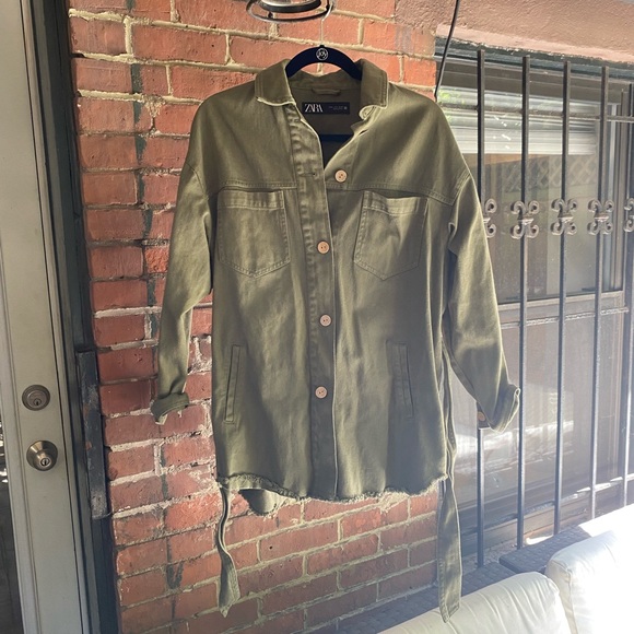 Zara Belted Shirt Jacket In Khakiarmy 